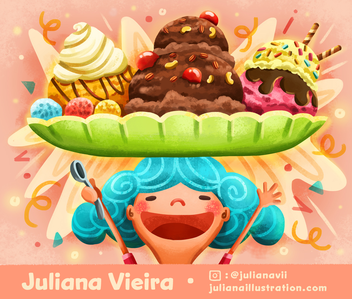 Hello #KidLitArtPostcard !😊🍦 My name is Juliana Vieira. I am an illustrator and designer from Canada, and I would love to work on book and editorial projects. Portfolio: julianaillustration.com #kidlit #kidlitart #illustration #summer #icecream