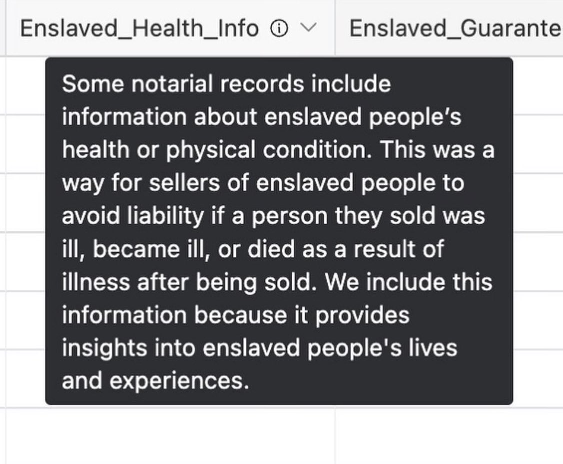 LK draws on records created by enslavers that represent human beings as commodities. So why reproduce descriptions of enslaved people from these records as data? Hover over the “i” next to each variable of LK to learn the logic behind that variable’s inclusion in the database.