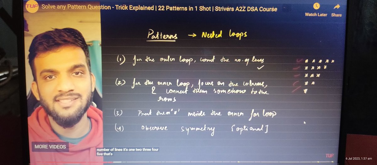 memyselfharsh's tweet image. 🌟 Day 07 of #100daysofcode 🌟
Learning Step 1.2 (Build-up Logical Thinking) of #StriverA2ZDsa Sheet.

 ✔️ Patterns

 #programming  #DSA #beginnercoder #100daysofcodechallenge #100daysofcode #striver #StriversA2ZDsa