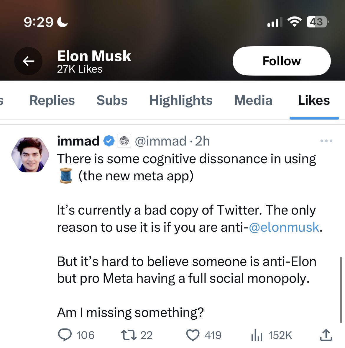 bendreyfuss's tweet photo. It’s not hard to figure out at all! Elon Musk has spent the last 7 months making a huge chunk of Twitter’s users hate him. He has wasted the benefit of the doubt another huge chunk extended to him.

Meta is a real company! Not a bunch of drunks kicking over trash cans https://t.co/tgoM1piFHz