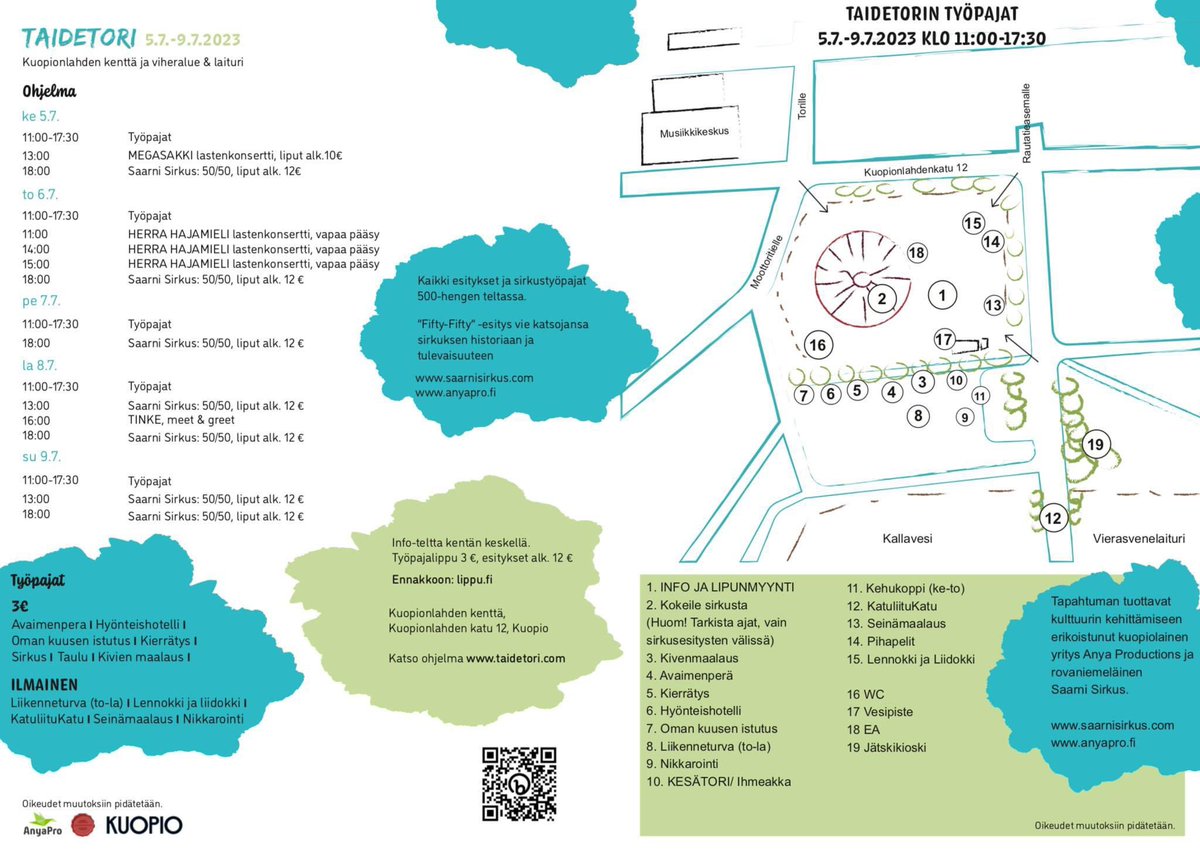 Taidetori 5.-9.7.2023 tarjoaa taidekulttuuria: sirkusta, musiikkia ja kädentaitotyöpajoja. Taidetori on nykyajan huvipuisto-kierrättävä ja oivalluksia tarjoava🎪🎨🙂 #odottamattomiakohtaamisia <a href="/Kuopionkaupunki/">Kuopion kaupunki</a>  <a href="/Savon_Sanomat/">Savon Sanomat</a> #saarnisirkus  <a href="/Anyaproductions/">Anya Productions</a> <a href="/Lastenkulttuuri/">Lastenkulttuuri</a>