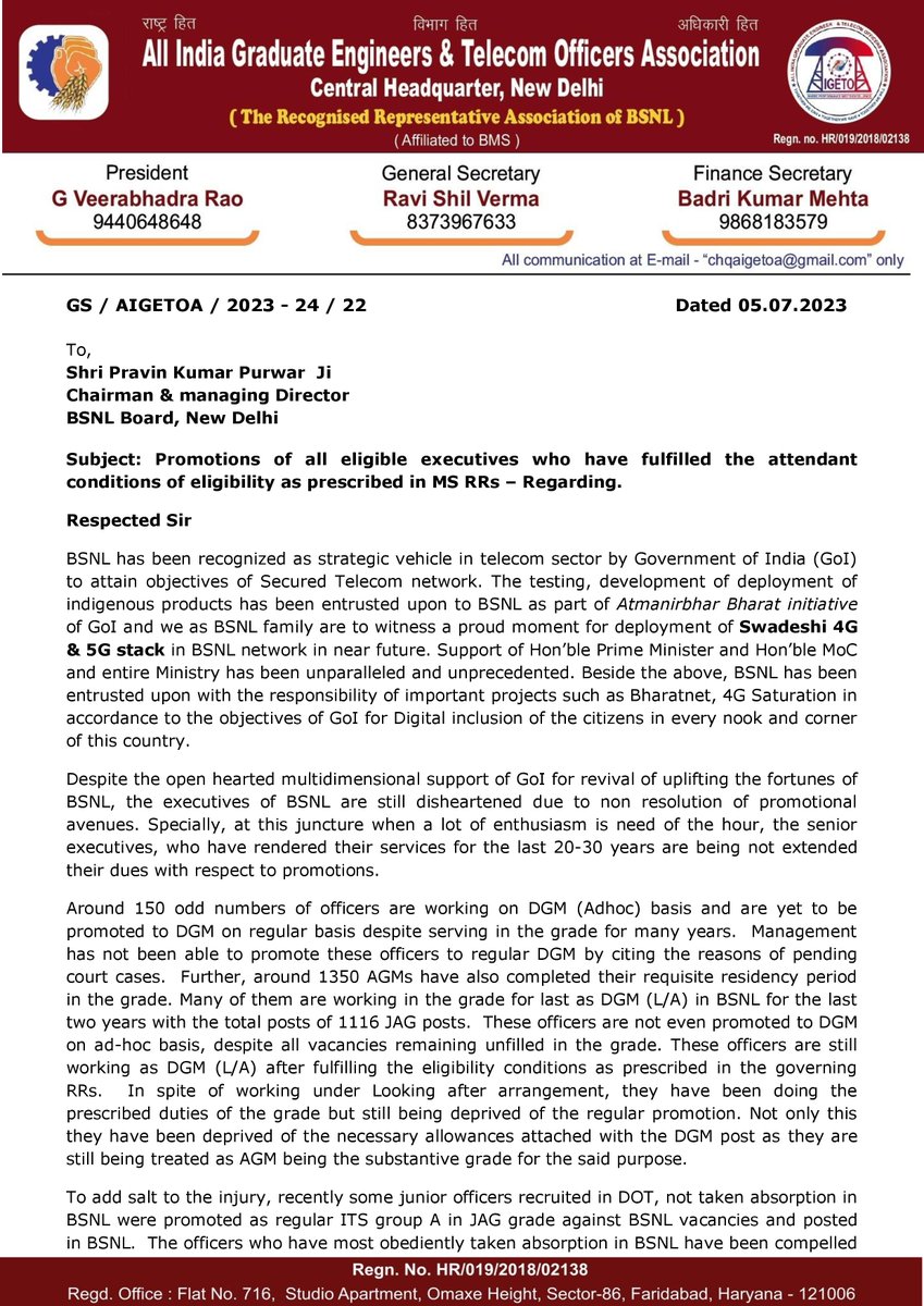 aigetoachq's tweet photo. 🚨 ✍GS AIGETOA Writes To CMD BSNL Regarding Promotions Of All Eligible Executives Who Have Fulfilled The Attendant Conditions Of Eligibility As Prescribed In MS RRs :  ✍ 🚨

👉 Around 150 odd numbers of officers are working on DGM (Adhoc) basis and are yet to be promoted to DGM on regular basis despite serving in the grade for many years. Management has not been able to promote these officers to regular DGM by citing the reasons of pending court cases. Further, around 1350 AGMs have also completed their requisite residency period in the grade. Many of them are working in the grade for last as DGM (L/A) in BSNL for the last two years with the total posts of 1116 JAG posts. These officers are not even promoted to DGM on ad-hoc basis, despite all vacancies remaining unfilled in the grade. These officers are still working as DGM (L/A) after fulfilling the eligibility conditions as prescribed in the governing RRs.

🙋🙌 AIGETOA strongly demand that all those officers who are working under DGM (LA) having fulfilled the attendant conditions of eligibility as prescribed in MS RRs may be immediately given entrustment charge as DGM on regular basis such that the sagging morale of seniors can be boosted and management can also do away with the repetitive and perennial exercise of carrying out DGM (LA) promotions. Further all consequential benefits attached to the DGM posts must be extended to them as being done in other cases. AIGETOA feel that this is the only feasible and pragmatic way to impart justice to these officers. This will not only provide respite to these officers but it will also result in further promotions in other grades.

📌📝 The scenario of consequential vacancies in various grades arising out of such entrustment shall be as stated below:

📌 Total No. Of AGM Vacancies Arising Out Of DGM Entrustments : 1116
📌 AGM Vacancies Unfilled As On Date From Internal Quota : 650
📌 Total Number Of Vacancies Envisaged For External Quota Be Diverted To Internal Quota : 300
📌📝  Hence Total Number Of Vacancies Which Can Be Made Available For AGM Promotions From Existing Strength : 2066 📌📝
🔑🔒  Hence Total 2066 SDEs can be promoted to AGM grade. This will further give opportunity to near about 2066 promotions from JTO to SDE along with 600 already available vacancies and further more so many vacancies will be created in JTO grade also.

📌📝  This means by one decision, around 5900 promotions can be executed as per the below mentioned breakup:

🚨  AGM To DGM : 1116
🚨  SDE To AGM : 2066
🚨  JTO To SDE : 2066 Plus 600 Vacant Posts Ie Total 2666
📌📝  Similarly the same methodology may be applied in Finance Grade also wherein the AOs having fulfilled the attendant conditions of eligibility as prescribed in MS RRs may be immediately given entrustment charge as CAO on regular basis. The scenario of consequential vacancies in various grades arising out of such entrustment shall be as stated below:

🚨  AO To CAO : 712 Plus 84 Vacancies Of SET Quota Ie 796
🚨  JAO To AO: 796 Posts

📌📝  Hence just by one out of box and technically feasible decision, around 7500 promotions can easily be executed. This will give a huge respite to the executives having fulfilled the eligibility conditions for promotions to next grade. 📌📝
#TeamAIGETOA
#AIGETOA_will_do_it 
#SupportAIGETOA

@CMDBSNL
@arvind9963