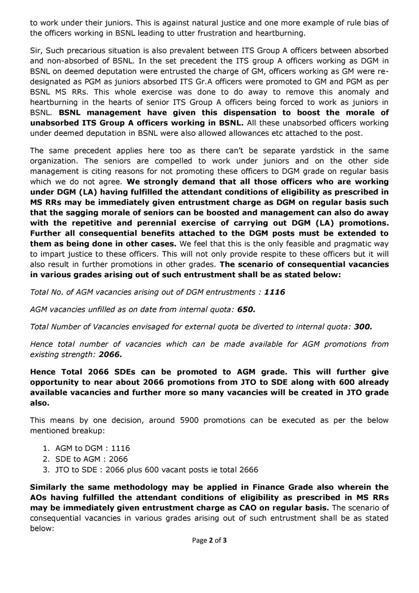 aigetoachq's tweet photo. 🚨 ✍GS AIGETOA Writes To CMD BSNL Regarding Promotions Of All Eligible Executives Who Have Fulfilled The Attendant Conditions Of Eligibility As Prescribed In MS RRs :  ✍ 🚨

👉 Around 150 odd numbers of officers are working on DGM (Adhoc) basis and are yet to be promoted to DGM on regular basis despite serving in the grade for many years. Management has not been able to promote these officers to regular DGM by citing the reasons of pending court cases. Further, around 1350 AGMs have also completed their requisite residency period in the grade. Many of them are working in the grade for last as DGM (L/A) in BSNL for the last two years with the total posts of 1116 JAG posts. These officers are not even promoted to DGM on ad-hoc basis, despite all vacancies remaining unfilled in the grade. These officers are still working as DGM (L/A) after fulfilling the eligibility conditions as prescribed in the governing RRs.

🙋🙌 AIGETOA strongly demand that all those officers who are working under DGM (LA) having fulfilled the attendant conditions of eligibility as prescribed in MS RRs may be immediately given entrustment charge as DGM on regular basis such that the sagging morale of seniors can be boosted and management can also do away with the repetitive and perennial exercise of carrying out DGM (LA) promotions. Further all consequential benefits attached to the DGM posts must be extended to them as being done in other cases. AIGETOA feel that this is the only feasible and pragmatic way to impart justice to these officers. This will not only provide respite to these officers but it will also result in further promotions in other grades.

📌📝 The scenario of consequential vacancies in various grades arising out of such entrustment shall be as stated below:

📌 Total No. Of AGM Vacancies Arising Out Of DGM Entrustments : 1116
📌 AGM Vacancies Unfilled As On Date From Internal Quota : 650
📌 Total Number Of Vacancies Envisaged For External Quota Be Diverted To Internal Quota : 300
📌📝  Hence Total Number Of Vacancies Which Can Be Made Available For AGM Promotions From Existing Strength : 2066 📌📝
🔑🔒  Hence Total 2066 SDEs can be promoted to AGM grade. This will further give opportunity to near about 2066 promotions from JTO to SDE along with 600 already available vacancies and further more so many vacancies will be created in JTO grade also.

📌📝  This means by one decision, around 5900 promotions can be executed as per the below mentioned breakup:

🚨  AGM To DGM : 1116
🚨  SDE To AGM : 2066
🚨  JTO To SDE : 2066 Plus 600 Vacant Posts Ie Total 2666
📌📝  Similarly the same methodology may be applied in Finance Grade also wherein the AOs having fulfilled the attendant conditions of eligibility as prescribed in MS RRs may be immediately given entrustment charge as CAO on regular basis. The scenario of consequential vacancies in various grades arising out of such entrustment shall be as stated below:

🚨  AO To CAO : 712 Plus 84 Vacancies Of SET Quota Ie 796
🚨  JAO To AO: 796 Posts

📌📝  Hence just by one out of box and technically feasible decision, around 7500 promotions can easily be executed. This will give a huge respite to the executives having fulfilled the eligibility conditions for promotions to next grade. 📌📝
#TeamAIGETOA
#AIGETOA_will_do_it 
#SupportAIGETOA

@CMDBSNL
@arvind9963