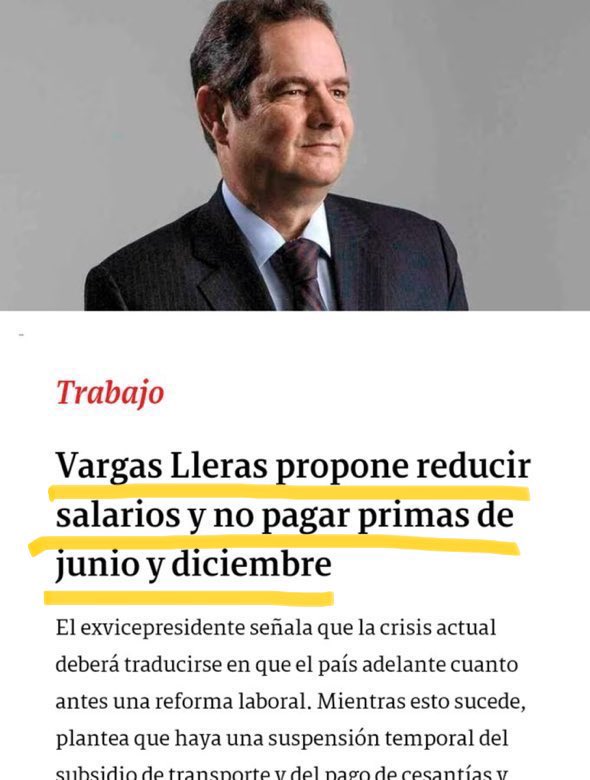 wilsonariasc's tweet photo. Vargas Lleras propuso en medio del hambre de pandemia: reducir salarios, eliminar las primas de junio y diciembre y hasta suspender el pago de cesantías y sus intereses.
Aceptamos el reto: nos vemos en las calles, en el Congreso y en octubre. De nuevo y por los trabajadores colombianos.