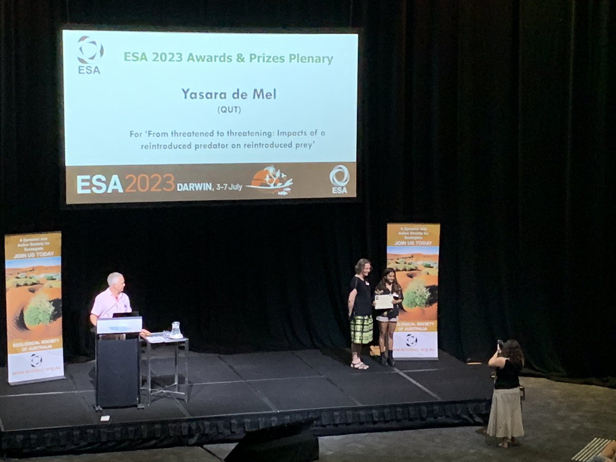 KaitDoesMaths's tweet photo. Massive congratulations to @MelYasara for winning 3rd place in the #ESA2023 outstanding student presentation category! I loved hearing about her work with molecular data in lyrebirds 🧬🔬@ESA_org https://t.co/08ZTIUk87O