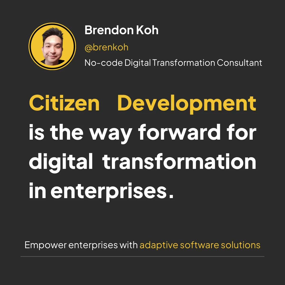 Brenkoh's tweet photo. In the rapidly evolving landscape of digital transformation, enterprises are constantly seeking innovative ways to drive efficiency, streamline processes, and deliver value to their customers. One approach that is gaining momentum and transforming the game is Citizen Development. https://t.co/N8uMVIGAL9