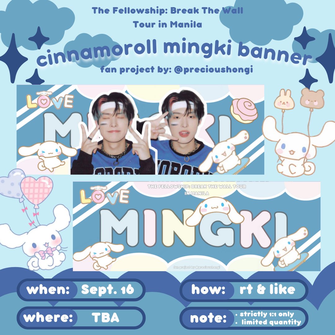 precioushongi's tweet photo. ˗ˏˋ Break The Wall Tour in Manila ´ˎ˗  

✧ kuromi hwa and cinnamoroll mingki hand banner giveaway 

♡  rt &amp; like
♡  1:1 only (choose ver.)
♡  time &amp; location: tba
♡  limited quantity only 

#Break_The_Wall_MNL #FilotinyFreebies  #Break_The_Wall #ATEEZ #에이티즈 https://t.co/k9jntPrsS4