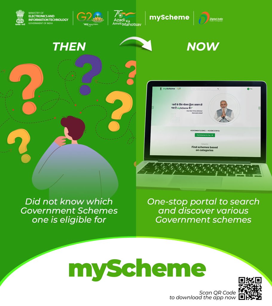 #myScheme helps you to find the right Government schemes. Explore hundreds of schemes from Central and State Governments. 

Visit myscheme.gov.in 

#DigitalIndia #EaseWithDI #GOVERNMENTSCHEMES #SCHEMESFORYOU