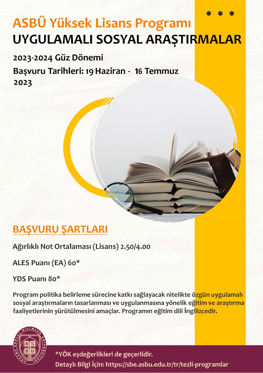 2023-2024 Güz Dönemi için Göç Çalışmaları ve Uygulamalı Sosyal Araştırmalar Tezli Yüksek Lisans Programlarımızın başvuru süreleri bir hafta uzatılmıştır. Son başvuru tarihi 16 Temmuz'dur. Detaylı bilgi için: sb.asbu.edu.tr/tr/lisansustu