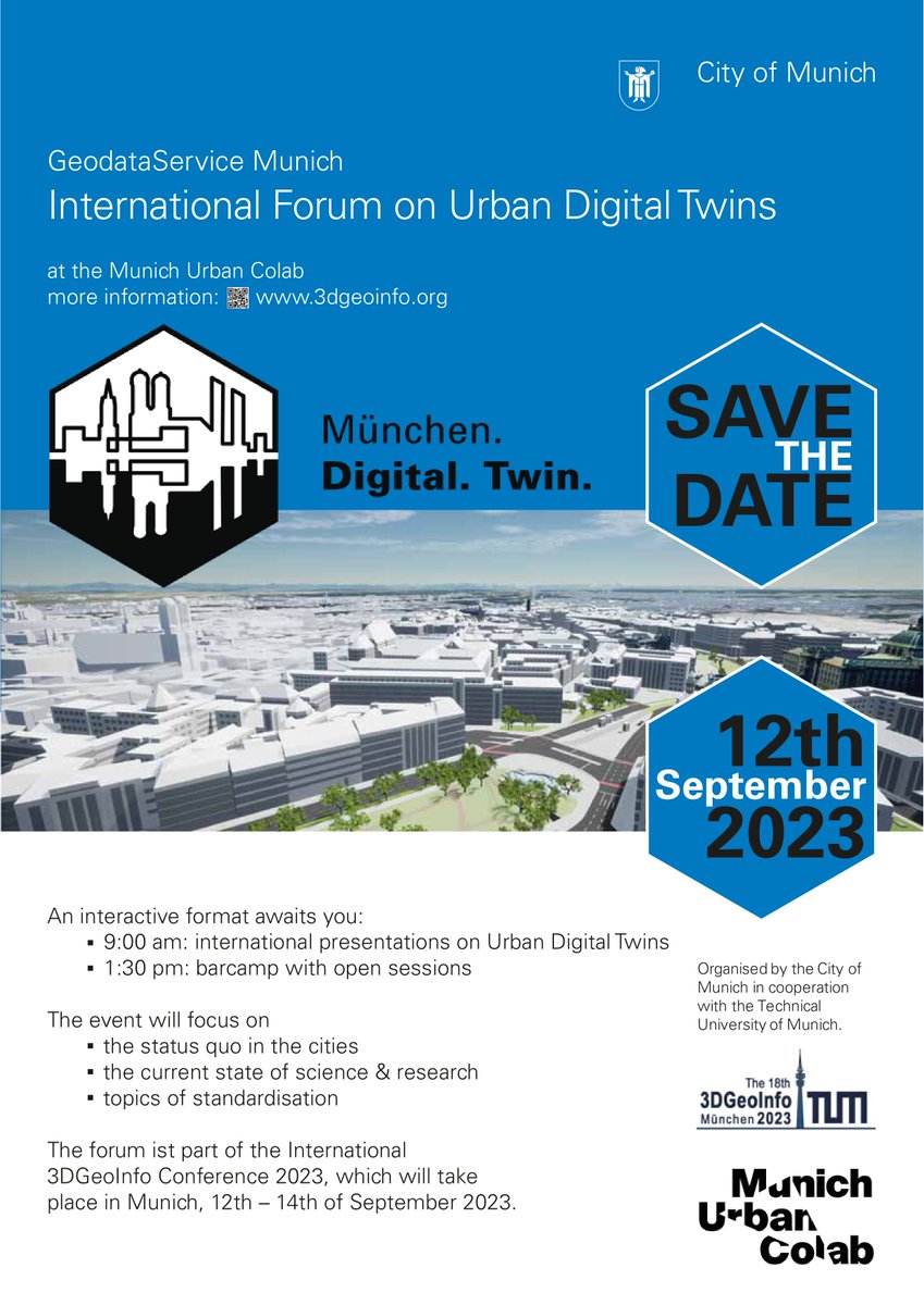 📢ASCEND would like to invite to the International Forum on Urban Digital Twins taking place in #Munich on September 12th, 2023 at the <a href="/TU_Muenchen/">TU München</a>. The event will focus on the current status of digital twins, research and standardization. 👉3dgeoinfo.org/3dgeoinfo/?pag…

#digitaltwins
