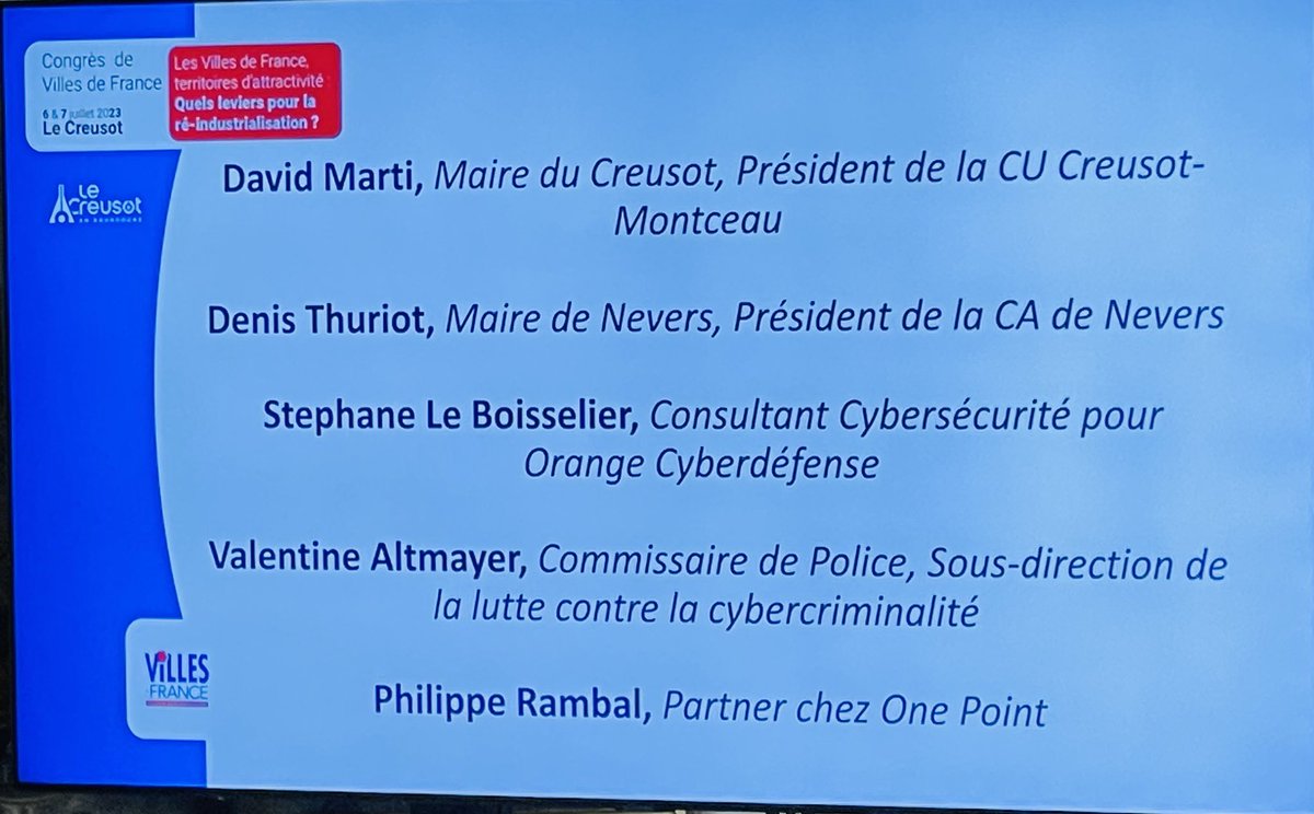 OrangeBFC's tweet photo. La #cybersecurité 👾 et le numérique: le thème de la conférence au #congresVDF2023 à @villeducreusot . Stéphane Le Boisselier consultant @OrangeCyberFR aux côtés de @denisthuriot @DavidMarti71200 et de la commissaire Valentine Altmayer . Orange partenaire de @VillesdeFrance https://t.co/Im4CeOJIgJ
