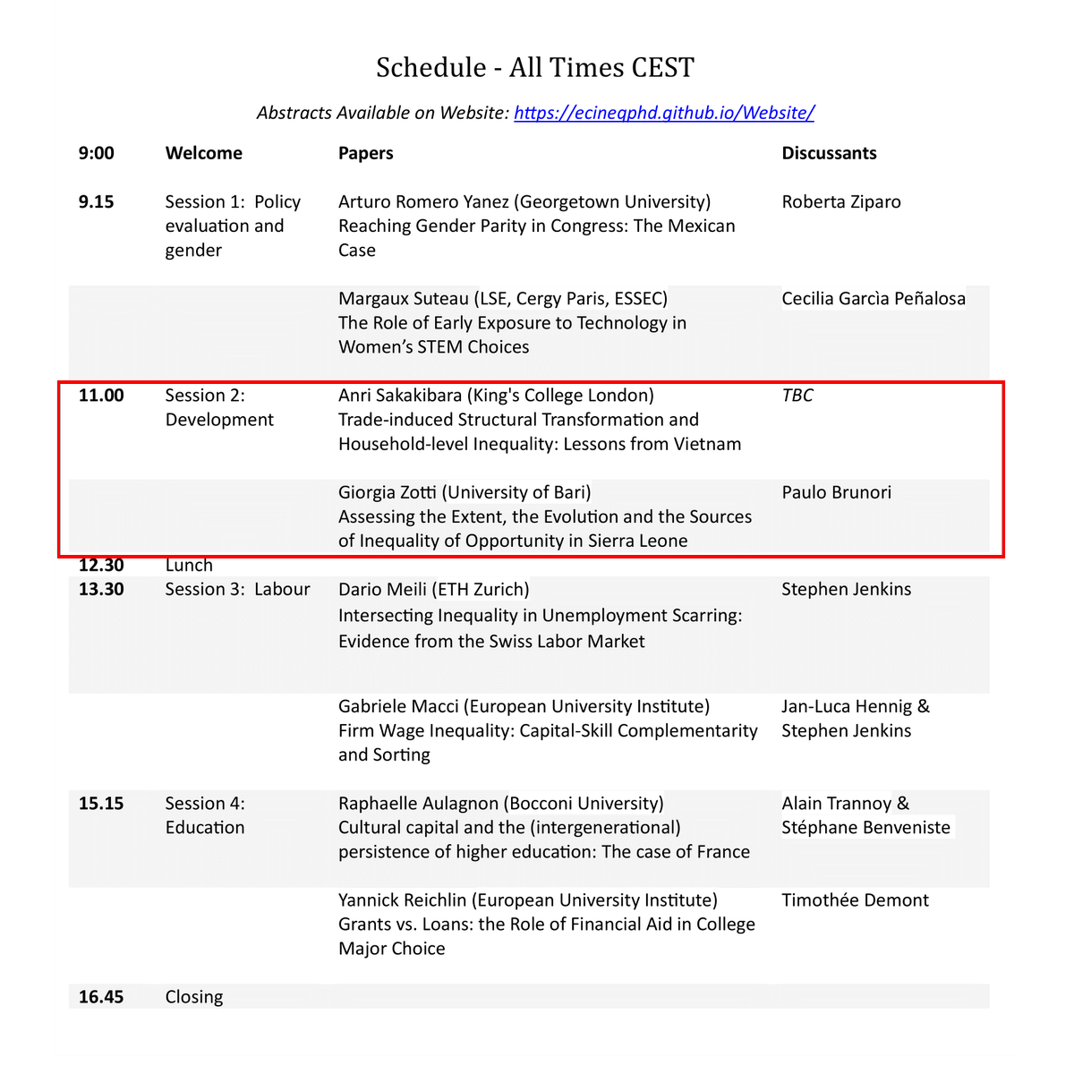 The next session starts in 10 minutes! "Inequality and Development" with two presenters: @anrisakaki and Giorgia Zotti (University of Bari). Come and join us for this great <a href="/ecineq/">Ecineq</a> PhD workshop: univ-amu-fr.zoom.us/j/8147522993