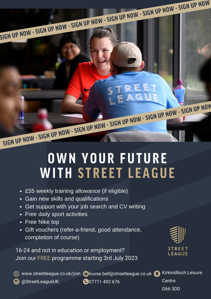 Still time to get involved!

Aged 16 - 24 and live in East Dunbartonshire?
  
Need help applying for jobs, college or apprenticeships? 

- Earn £55 weekly training allowance (if eligible) 
- SQA Qualification  
- Improve interview skills 

Get in touch to join today!!
