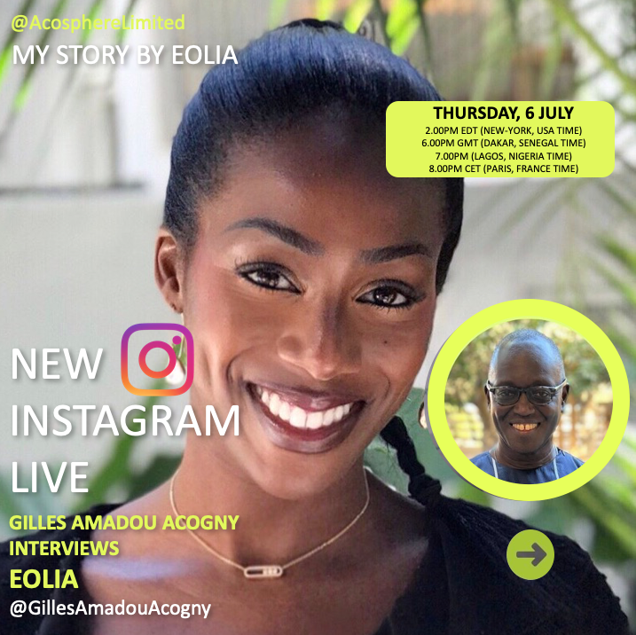 NEW INSTAGRAM LIVE ALERT! TODAY!
We have an exciting interview TODAY, Thursday 6th of July at 2pm EST(New-York time), 6pm GMT(Dakar time), 7pm BST &amp; WAT(London &amp; Lagos time), &amp; 8pm CET(Paris time)! EOLIA will be our guest and her unique journey to ART is impressive and moving.