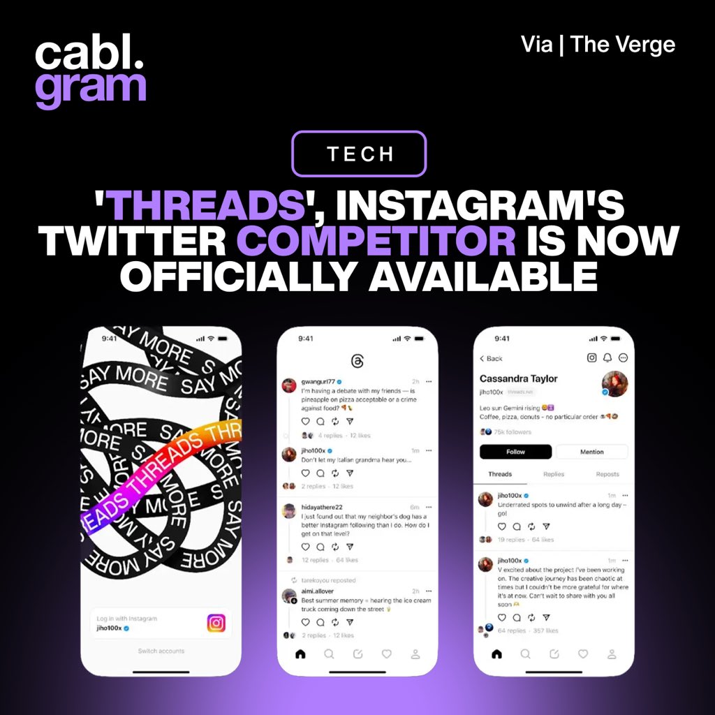 cablgram's tweet photo. 📱 Threads, the Twitter competitor created by Meta, has finally been released after much anticipation. Users can access the new platform from its desktop site at https://t.co/Nx1iRAsFIW or by downloading the app for iOS and Android. https://t.co/fcL0iiI9bE