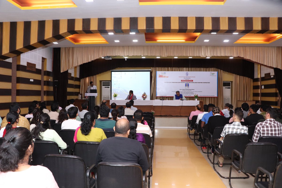UniGoaIR's tweet photo. Rear Admiral Mohammad Musa, Hon VC of BSMR Maritime University, Dhaka visited @UniGoaIR to deliver a distinguished lecture on India-Bangladesh Maritime Cooperation. Chaired by Hon VC of @GoaUniversity Prof. HB Menon. @DrSJaishankar @MEAIndia @goacm @BDMOFA https://t.co/eDlDaCg6Wj