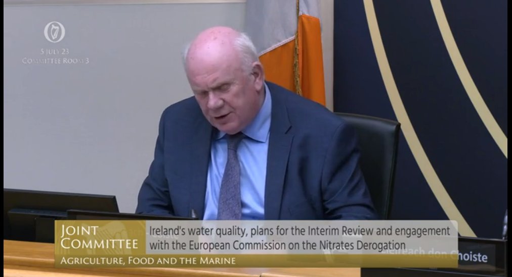 whittledaway's tweet photo. Jackie Cahill (FF) is chair of the Agriculture Committee, here chairing a session on water quality &amp; the Nitrates derogation. He's also a dairy farmer in derogation &amp; opened the session saying it's "hugely important to my own business"
Surely this is a gross conflict of interest? https://t.co/N0SEwwopPV