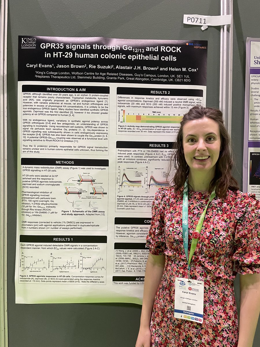 Coxlabkcl's tweet image. Caryl Evans presented her work on GPR35 signalling in colonic epithelia yesterday at the WCP2023 in Glasgow. The work is part of her PhD in @WolfsonCARD @IOPPN @KCL, performed whilst on placement at @soseiheptares 

#WCP2023 #GPCR
