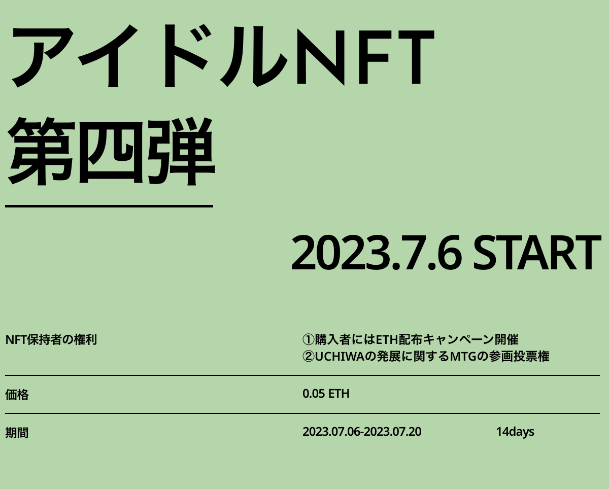 uchiwa_NFT's tweet photo. ⋱✨拡散希望✨⋰
￣￣￣￣￣￣￣￣￣
UCHIWAシリーズ企画「META IDOL」：STAGE4
当選50名！特典付き #NFT がGETできる

■当選者特典：毎年1回 ETHプレゼント　etc...
■参加方法
① @uchiwa_NFT をフォロー
②このツイートをRT
締切：7/20(木) 23:59
購入：0.05eth（当選者のみ） https://t.co/uCfHulPVZ3