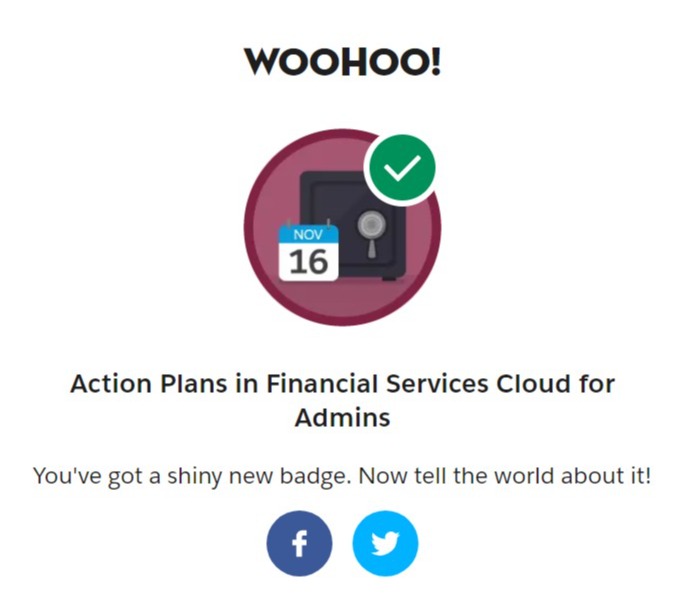Stevefolquer's tweet photo. Just earned the "Action Plans in Financial Services Cloud for Admins" badge on @Trailhead ! on @salesforce 
#Salesforce #salesforceadmins #salesforcefinancialservices https://t.co/yAwVwl4CML