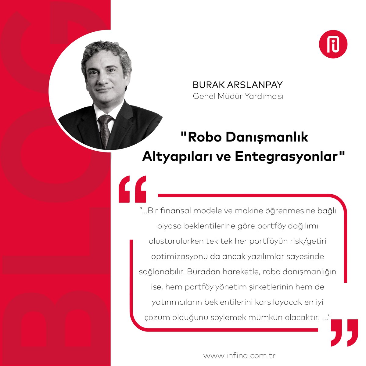 Genel Müdür Yardımcımız Burak Arslanpay (<a href="/burakars/">OBurak</a>), İnfina Blog için kaleme aldı: "Robo Danışmanlık Altyapıları ve Entegrasyonlar"
Okumak için: infina.com.tr/blog_61_detay.…
#blog #robodanışman #roboadvisor #sermayepiyasaları #dijitaldönüşüm #ai #yapayzeka