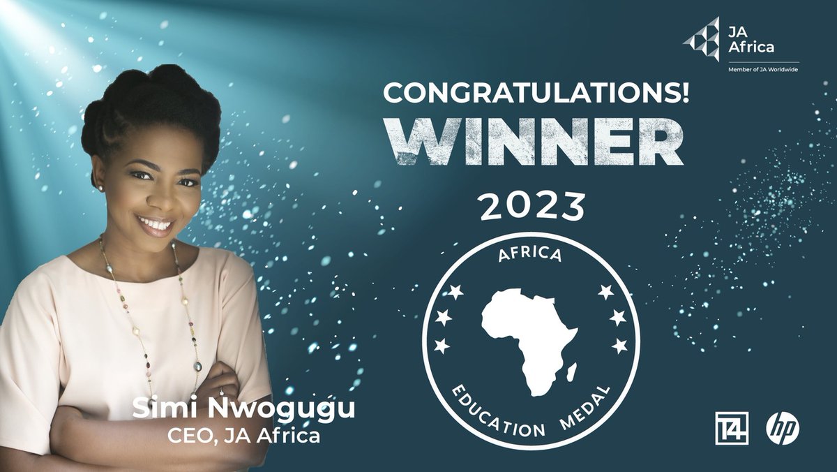 We're so excited to share the news that @JA_Africa_ CEO Simi Nwogugu has won the Africa Education Medal 2023! Founded by @T4EduC, @HP, and @Microsoft, this award recognizes the tireless work of those transforming education on the African continent. More: jaworldwide.org/news/ja-africa…