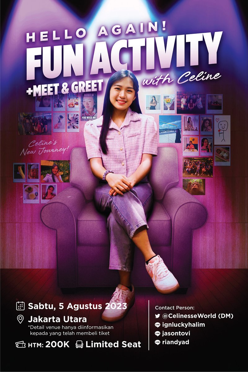 Berhubung pada kangen <a href="/Celine_tzh/">Tan Zhi Hui Celine</a> dan bulan depan dia ke Indonesia, mari kita saling bertemu dan menyapa kembali, Hello Again! 👋😆❤️ 

Pendaftaran bisa hubungi kontak yang tertera ya, tempat terbatas! 😊
Ayo buat momen bersama lagi di kesempatan ini! 🥳