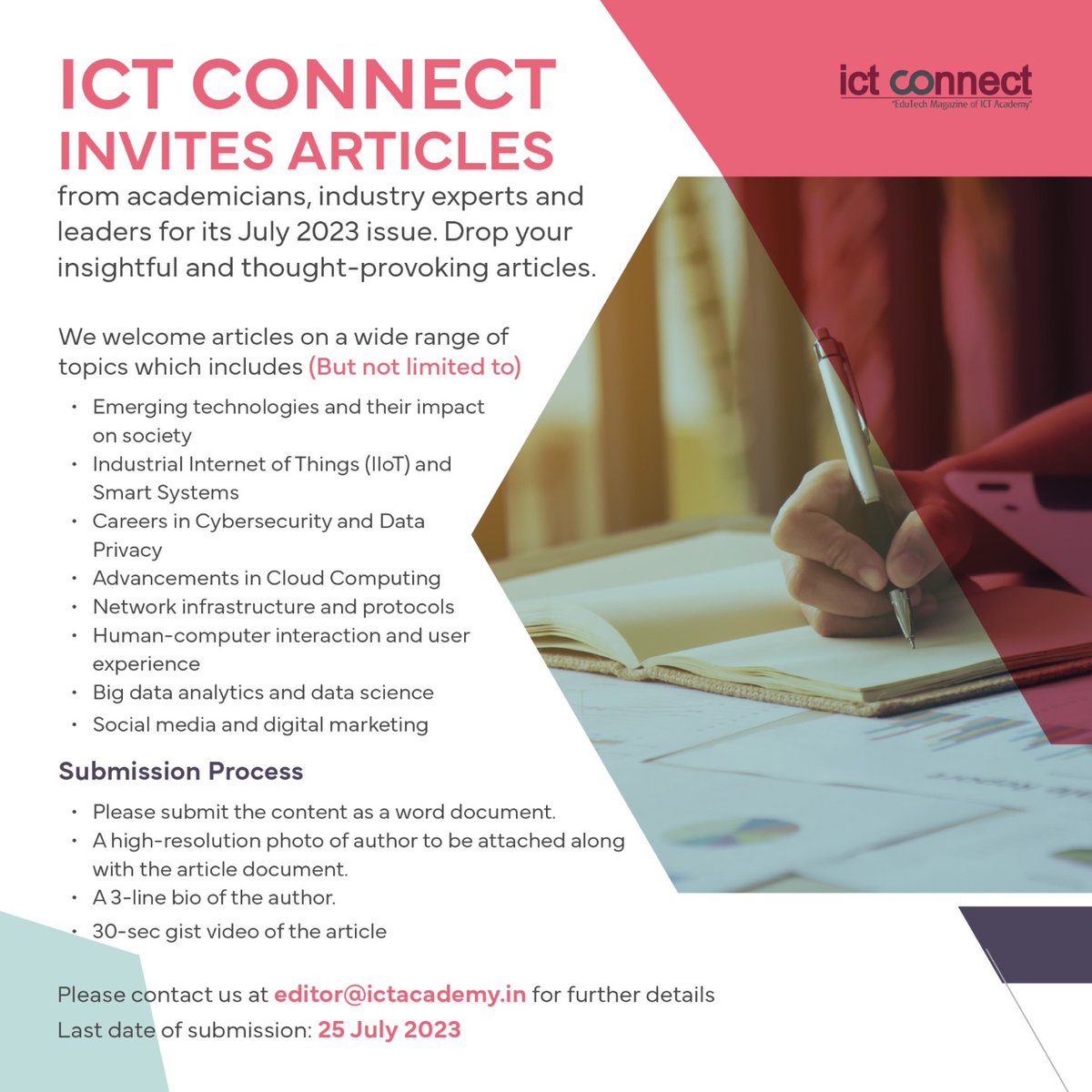 ictacademyindia's tweet photo. With a view to sensitizing the readers with the breakthroughs, innovations and technology disruption.
ICT Connect will focuses on changing industry trends this July 2023
Please email your article to editor@ictacademy.in
#ICTAcademy #ICTConnect #SubmitYourArticle https://t.co/vBiVDhPfDg