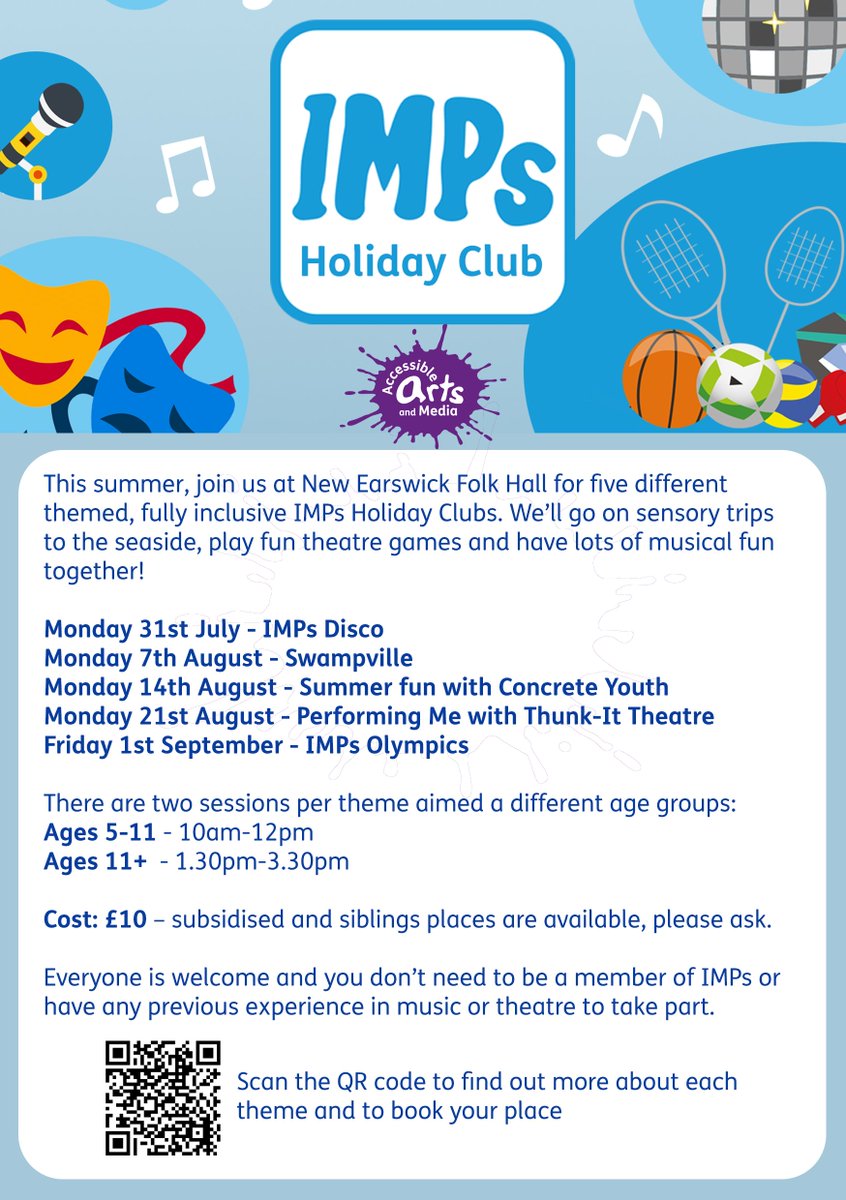 New Earswick Folk Hall (@jrht_folkhall) on Twitter photo This summer, join in with <a href="/aamedia_org_uk/">Accessible Arts & Media</a> IMPS Holiday Clubs with 5 themed inclusive sessions!
Everyone is welcome and you don't need to be a member of IMPS or any prior musical experience to take part, scan the QR code or visit the Accessible Arts website for more details! This summer, join in with <a href="/aamedia_org_uk/">Accessible Arts & Media</a> IMPS Holiday Clubs with 5 themed inclusive sessions!
Everyone is welcome and you don't need to be a member of IMPS or any prior musical experience to take part, scan the QR code or visit the Accessible Arts website for more details!