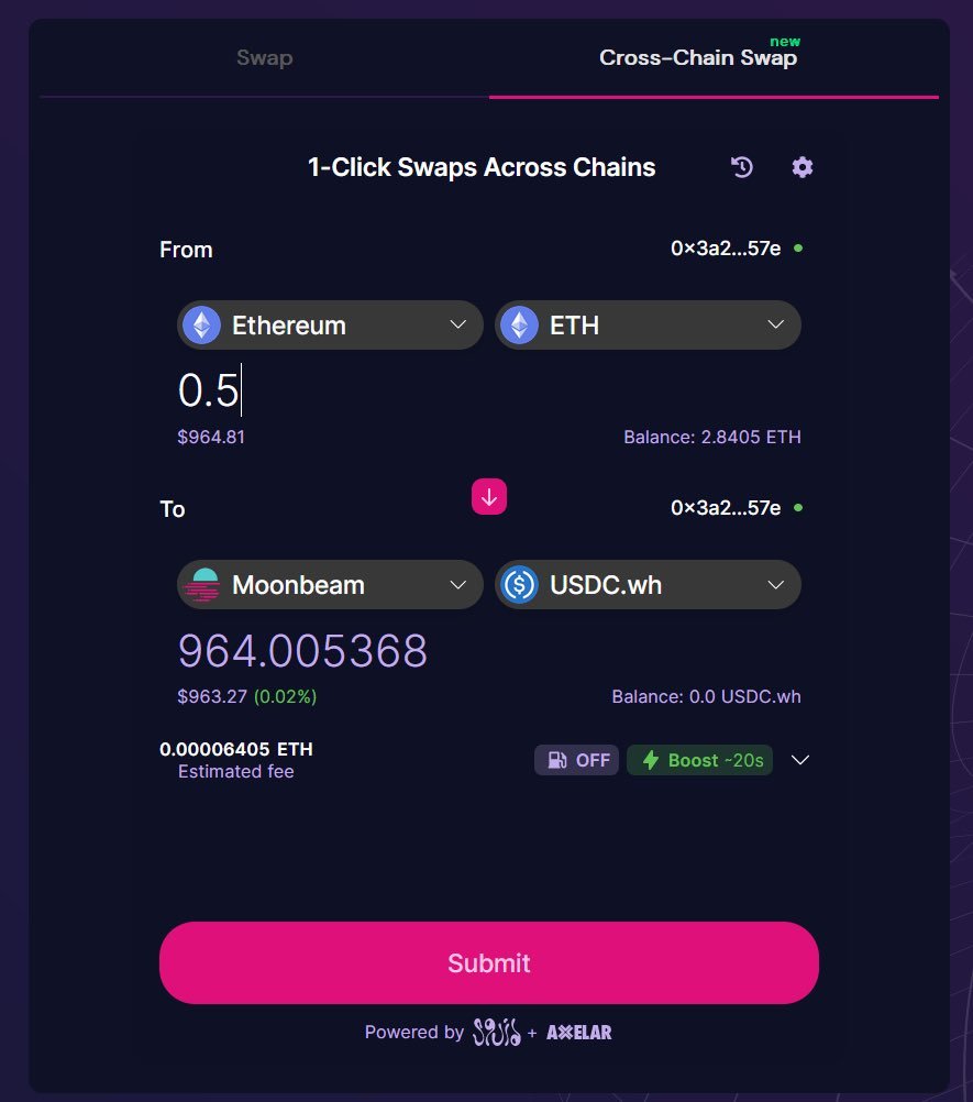 StellaswapFR's tweet photo. L'amélioration Crosschain swaps est en ligne !🎊

Dernière mise à jour @squidrouter : 

⭐️ Plus de support wallet 
⭐️ Support de Gnosis Safe
⭐️ Beaucoup plus beau 💐
⭐️ Meilleures performances ⚡️

Des centaines de tokens supportés, 11 chaînes majeures, pas de Bridge ! https://t.co/AS8WQFD8WD