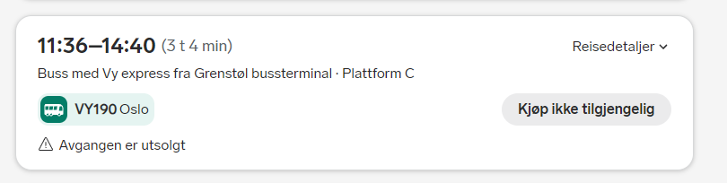 Så..det er er ledige plasser og mulig å kjøpe biletter på <a href="/vygruppen/">Vy</a> sin buss til Oslo som går kl 11.22 fra Arendal, men når den samme bussen kommer til Tvedestrand (neste stopp) kl 11.36 så er avgangen utsolgt. Forstå det den som kan
