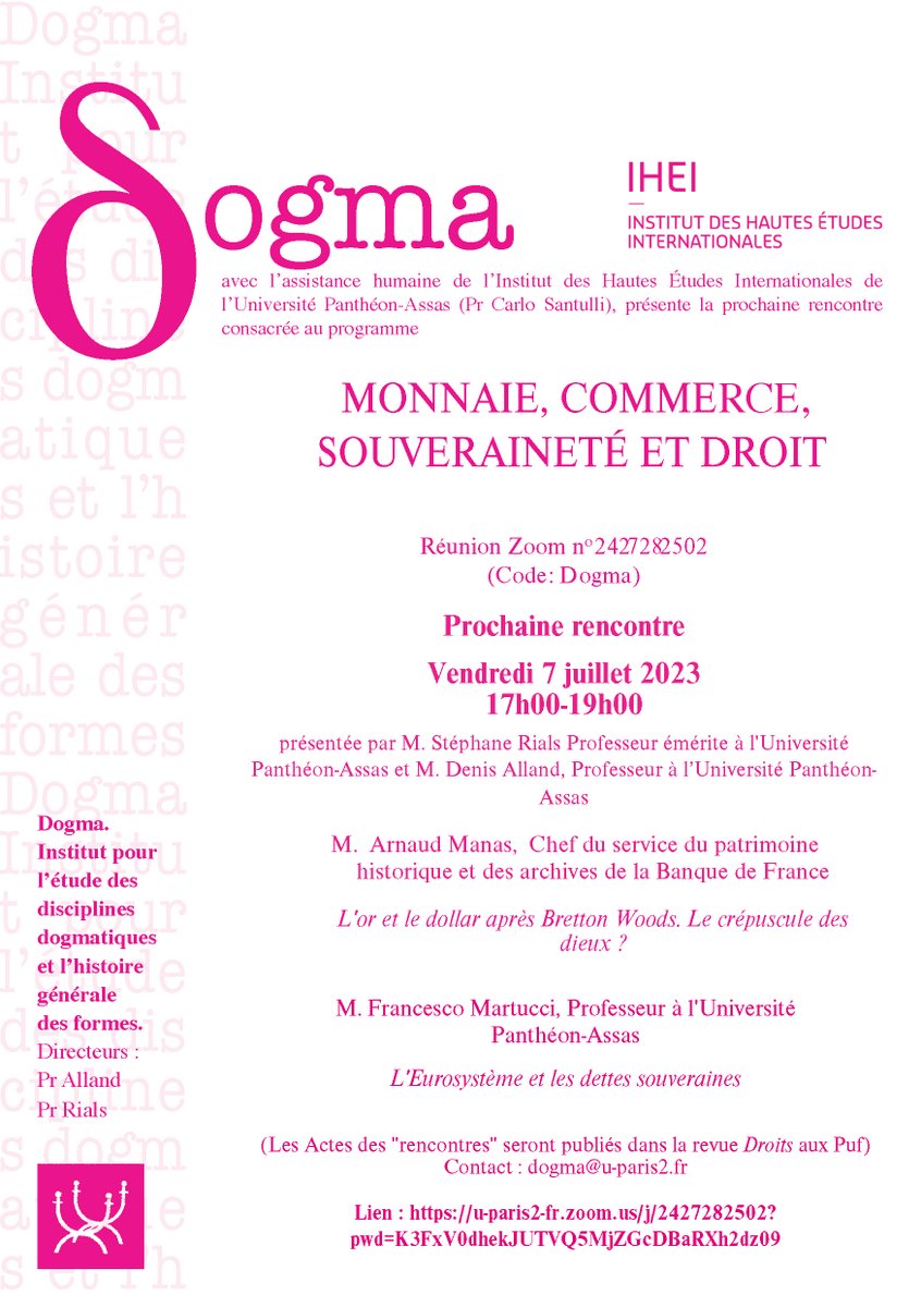 J-1 #ConfAssas Monnaie, commerce, souveraineté et droit - Rencontre du 7 juillet 2023 @IHEI_Paris
🗓️ 07/07
⏰ De 17h à 19h
📍 À distance, via Zoom
Plus d’infos sur 👉 u-paris2.fr/fr/evenements/…
#AssasUniv