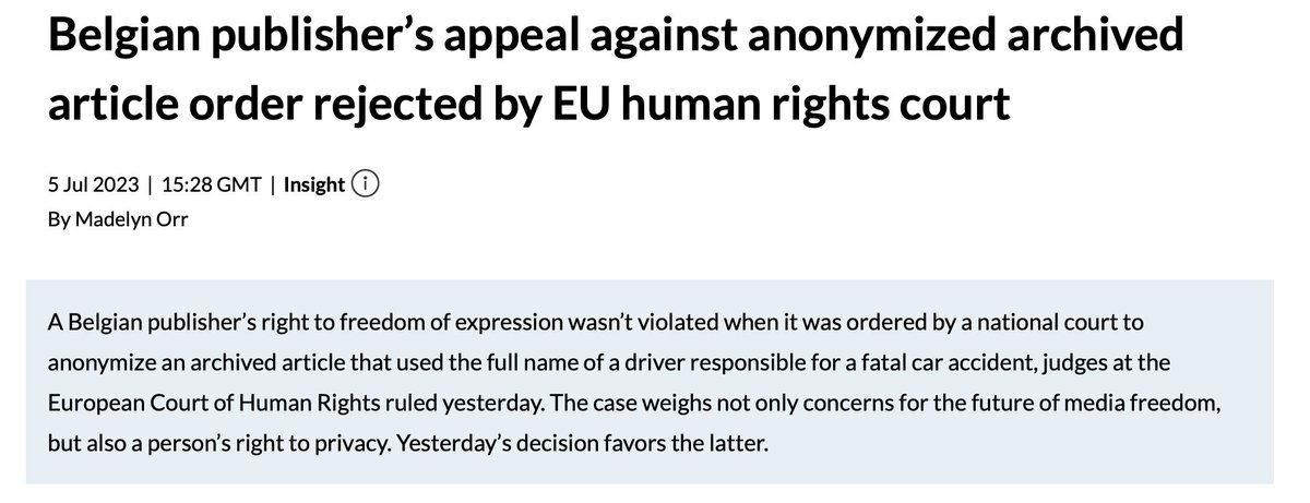 mddieorr's tweet image. Here's another ECHR ruling, this time about a person's "right to be forgotten" vs press freedom. The right establishes that platforms could be obliged to remove online content from their services, which now includes media.

Is this censorship, or a protection of privacy? #mubxl