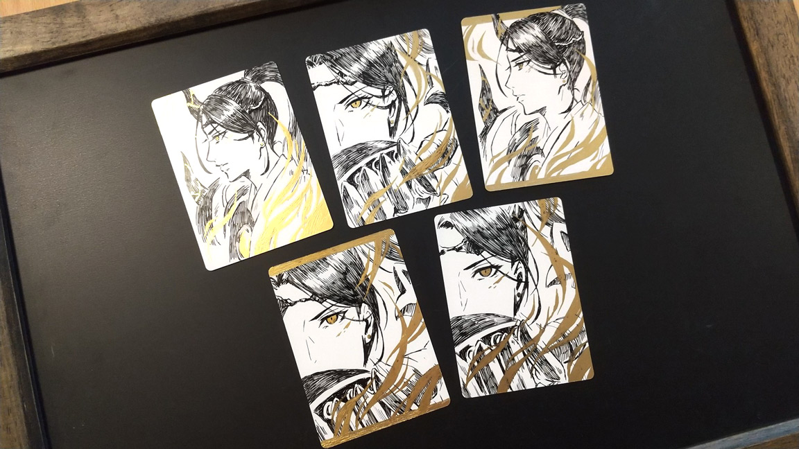 アーティストプルーフに手描きのプレイマット、あとサイン会の際に名刺