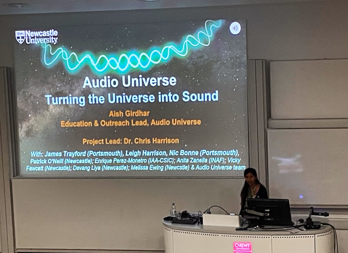 astro_fawcett's tweet photo. @AishGirdhar’s second talk this morning on the Audio Universe 🎼🪐
Yesterday we heard about low powered radio jets 📡
@AstroObsNCL @CMHarrisonAstro  #NAM2023 https://t.co/79erALxWkB