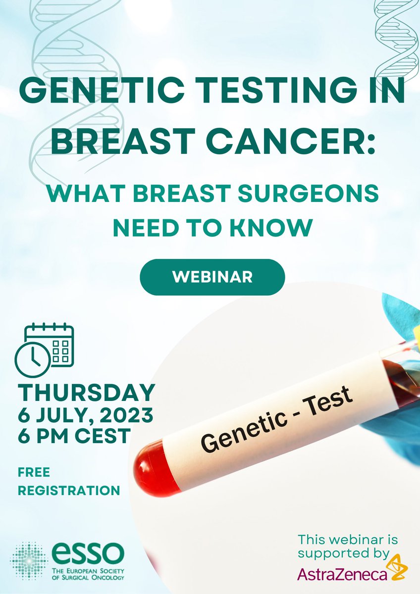 European Society of Surgical Oncology (ESSO) (@essonews) on Twitter photo 🔔See you this evening for our webinar on #GeneticTesting in #breastcancer
🔗essoweb.org/courses/geneti…
<a href="/itrisabel/">IR</a> <a href="/myBRESO/">BRESO Eur. Breast Surgical Oncology Certification</a> <a href="/EYSAC1/">EYSAC</a> <a href="/ejsotweets/">European Journal of Surgical Oncology</a> <a href="/Oncology_at_AZ/">Oncology at AstraZeneca</a> <a href="/YoungSurgeonsAT/">Youngsurgeons</a> @junge_chirurgie <a href="/YSAC_PK/">Young Surgeons Advisory Committee (YSAC)</a> <a href="/asgbi/">ASGBI</a> <a href="/BASO_ACS/">BASO~The Association for Cancer Surgery</a>
<a href="/SOS_Pk/">Surgical Oncology Society Pakistan. SOSPK</a> <a href="/YMasannat/">Yazan MASANNAT 🇯🇴🇬🇧</a> <a href="/touchONCOLOGY/">touchONCOLOGY</a> <a href="/OncoAlert/">OncoAlert</a> <a href="/BreastMe4/">SoMe4Breast</a> <a href="/me4_so/">SoMe4Surgery</a> 🔔See you this evening for our webinar on #GeneticTesting in #breastcancer
🔗essoweb.org/courses/geneti…
<a href="/itrisabel/">IR</a> <a href="/myBRESO/">BRESO Eur. Breast Surgical Oncology Certification</a> <a href="/EYSAC1/">EYSAC</a> <a href="/ejsotweets/">European Journal of Surgical Oncology</a> <a href="/Oncology_at_AZ/">Oncology at AstraZeneca</a> <a href="/YoungSurgeonsAT/">Youngsurgeons</a> @junge_chirurgie <a href="/YSAC_PK/">Young Surgeons Advisory Committee (YSAC)</a> <a href="/asgbi/">ASGBI</a> <a href="/BASO_ACS/">BASO~The Association for Cancer Surgery</a>
<a href="/SOS_Pk/">Surgical Oncology Society Pakistan. SOSPK</a> <a href="/YMasannat/">Yazan MASANNAT 🇯🇴🇬🇧</a> <a href="/touchONCOLOGY/">touchONCOLOGY</a> <a href="/OncoAlert/">OncoAlert</a> <a href="/BreastMe4/">SoMe4Breast</a> <a href="/me4_so/">SoMe4Surgery</a>
