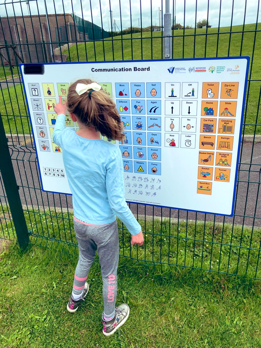 raisingrareness's tweet photo. Great addition to many of your playgrounds @WaterfordCounci 
@WaterfordLSP 

Here is Arabella who is non speaking &amp; an #AACUser 

She’s asking for a ‘drink’ after having so much fun in the playground

Can we have these in all public places &amp; buildings 😁 

#CommunicationBoards https://t.co/EWvAVKtNlc