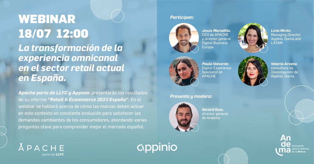 apachebyllyc_'s tweet image. ¡Guárdanos un hueco en tu agenda! 🗓️

El próximo 18 de julio, celebraremos un webinar junto a @andema_es , donde hablaremos acerca de los resultados obtenidos en el informe &quot;Retail &amp;amp; Ecommerce España 2023&quot;.

Regístrate aquí:

lnkd.in/d96_CpuT