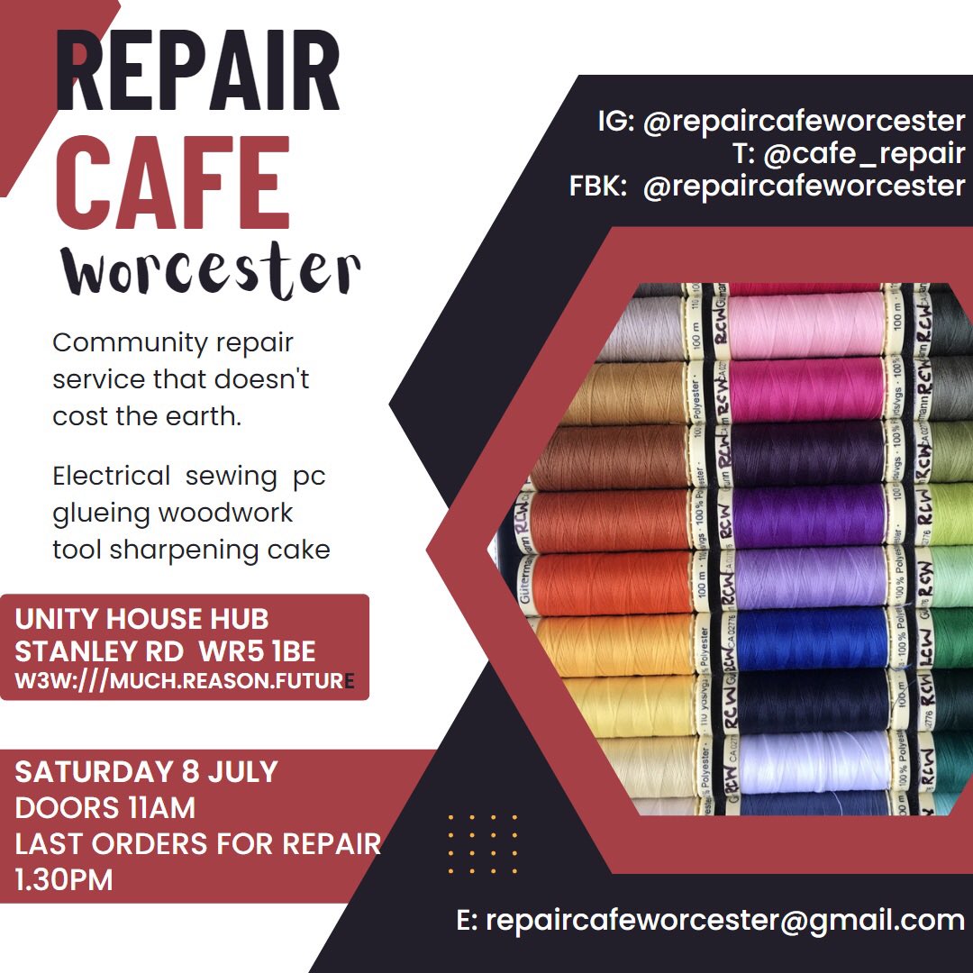 Celebrate 7 years of <a href="/cafe_repair/">RepairCafeWorcester</a>  and great #communityaction in Worcester this Saturday. Doors at 11am @ Unity House Community Hub.  Usual great repair service that doesn’t cost the earth + awesome cakes. 
Thank you RCW volunteer team 👏👏👏 #repairlowerscarbonemissions