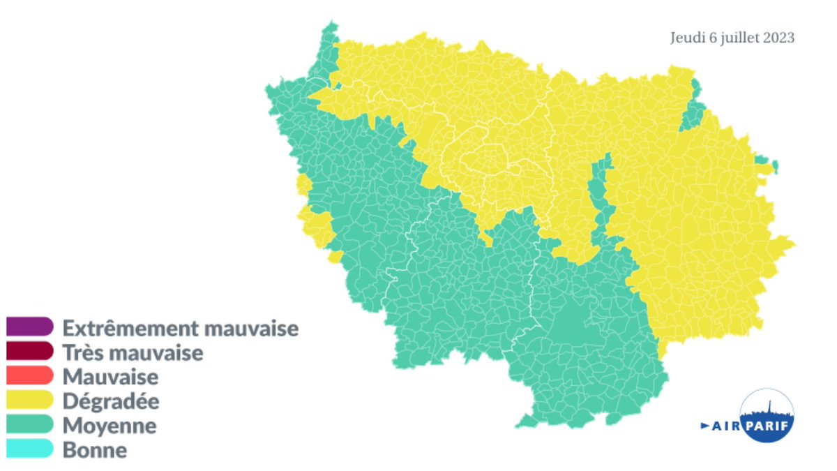 [#QualitéAir] Prévision pour le 06/07     
Les conditions météorologiques (fort ensoleillement et températures élevées) sont favorables à la formation d'#ozone à partir des #polluants émis sur la région. La qualité de l'air sera moyenne à dégradée en idf
➡️bit.ly/PrévisionAir