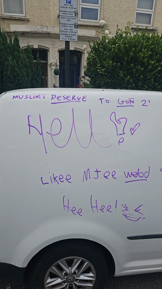 TasneemARashid's tweet photo. This is my brother’s van parked outside my parents’ house …
This message is what he woke up to this morning.
This is where I grew up.
This is where my mum had her hijab pulled off her head in 1999.
This is 2023.
This is London.
This is life.
#IslamophobiaIsReal #Islamophobia https://t.co/AE3BzJQsOC