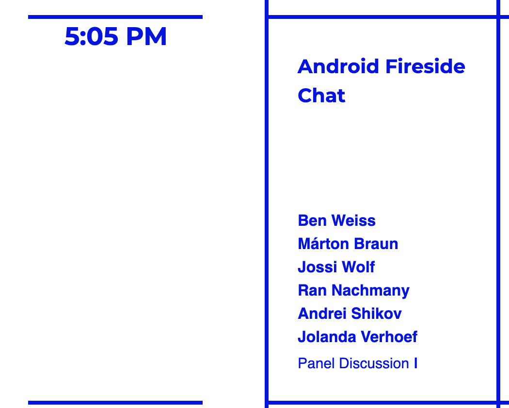 There will be an Android Fireside Chat at #dcbln23 in room Lovelace at 17:05. Bring your favorite questions.