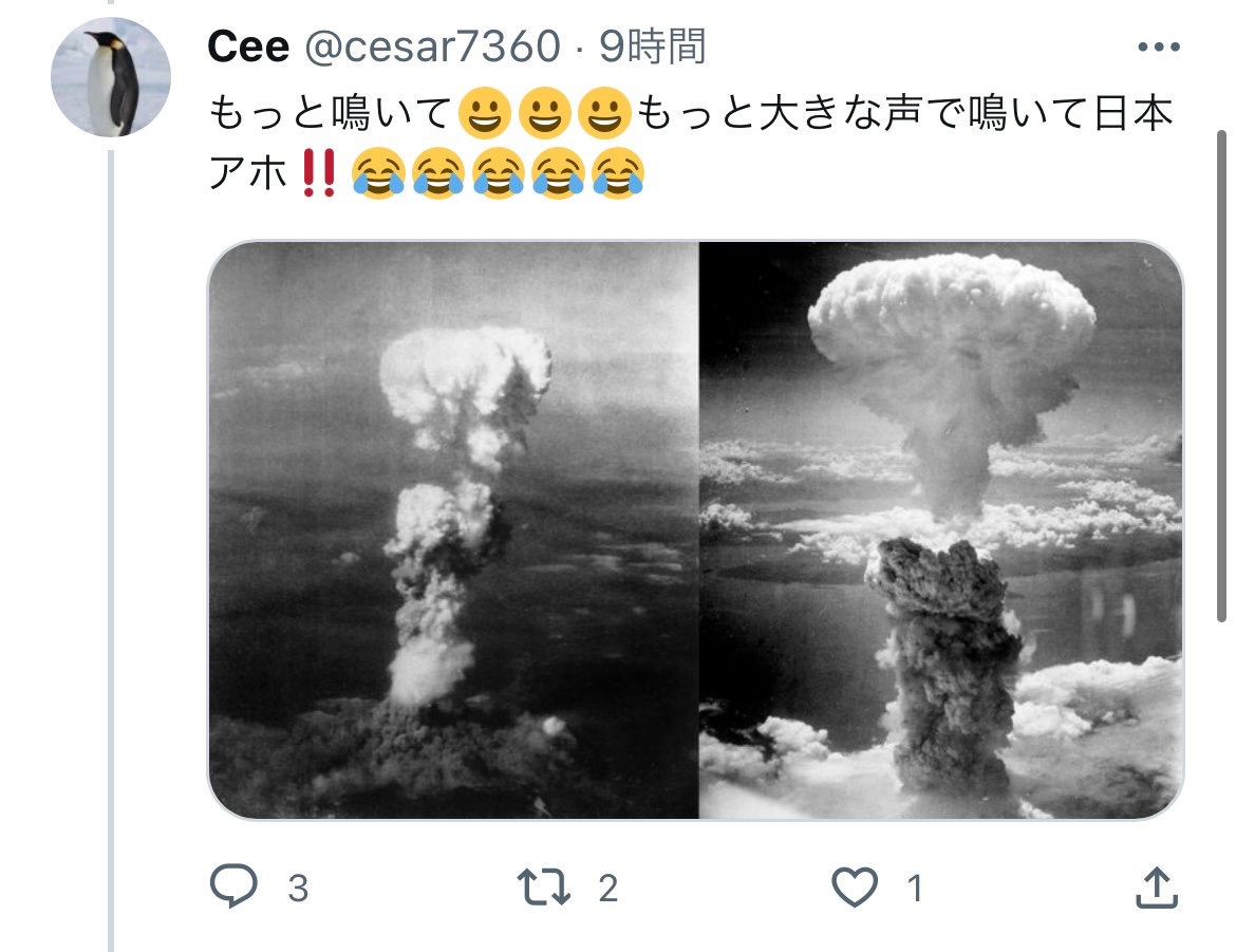 kusoga22ff's tweet photo. @SKingbed @Aqu79656965 fl1pzjder is racist！！
Indian is racist!!

we Japanese are sad😭
your buddy made a fool of Nagasaki＆hiroshima！😨 https://t.co/2iCZMJVGQr