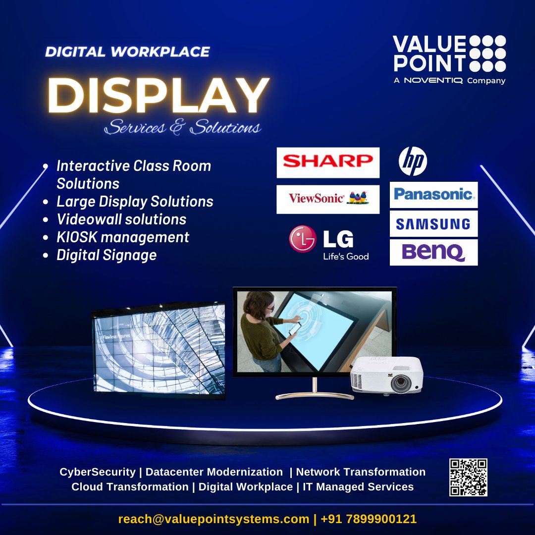 valuepointsys's tweet image. Get The Right #DisplaySolutions for Your Business With @valuepointsys , a @Noventiq company.
Are you looking for the best #videowall to your conference rooms, stores or an interactive classroom solution? Look no further – #ValuePoint is here to help. 
Call our experts now