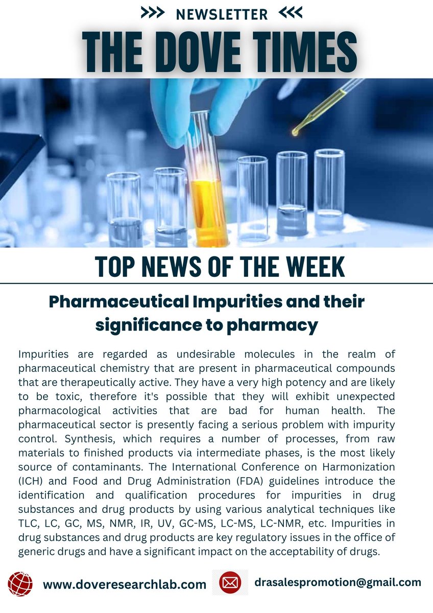 Doveresearchpkl's tweet photo. The presence of these impurities even in small amounts may affect the efficacy and safety of the pharmaceutical products. These impurities are commonly known as byproducts, degradation products, intermediates.
For such more infomative article do follow us!
#Thedovetimes. https://t.co/bz2CkwHx3k