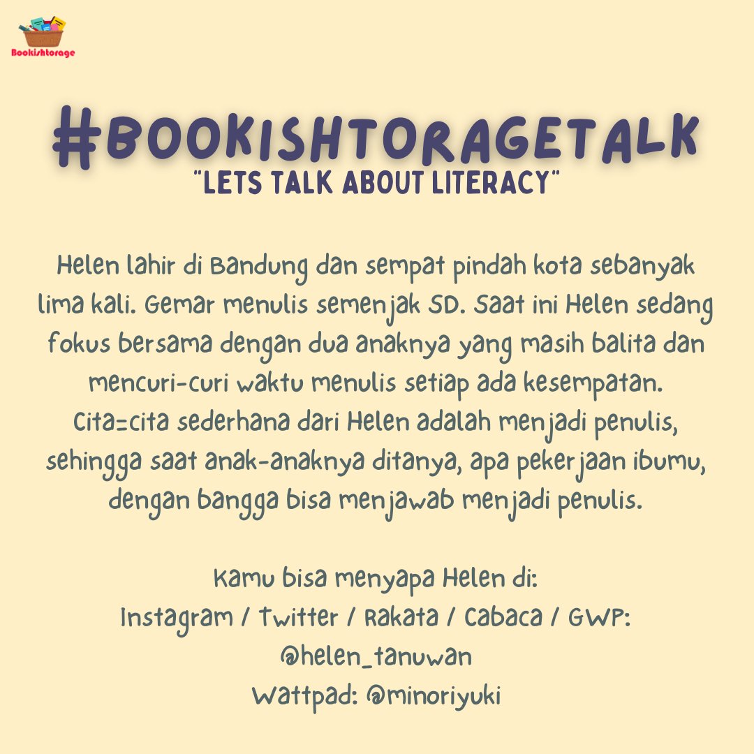bookishtorage's tweet photo. Hola, #temanBubi

#BookishtorageTalk kembali hadir di bulan Juni nih, kapan sihh?

🗓️ : Sabtu, 8 Juli 2023
🕗 : 19.00 WIB
📝 : Bakmi Aman bareng @helen_tanuwan  

Jangan lupa buat ikut berpartisipasi yaaa, #temanbubi. See you on Saturday 🥰 https://t.co/MvLULsjmUx