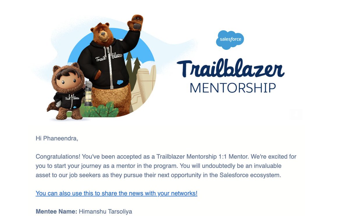 Hello #trailblazercommunity 

💙 I have been chosen as a mentor for the 30th time!     

I am excited to be able to share my experience with my mentee 'Himanshu' looking forward to listen and establish career goals and plan.  

#Trailblazers #momentmarketers #marketingchampion