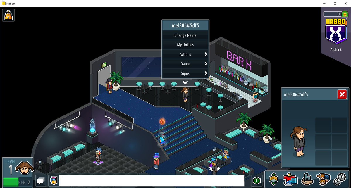 ElectricMelody3's tweet photo. @Habbo @coolcats @themetakey @Metaverse_HQ @CyberKongz I'm just a casual little habbo named mel306 chilling in Habbo X's Bar X <3 https://t.co/u41R0JoD27