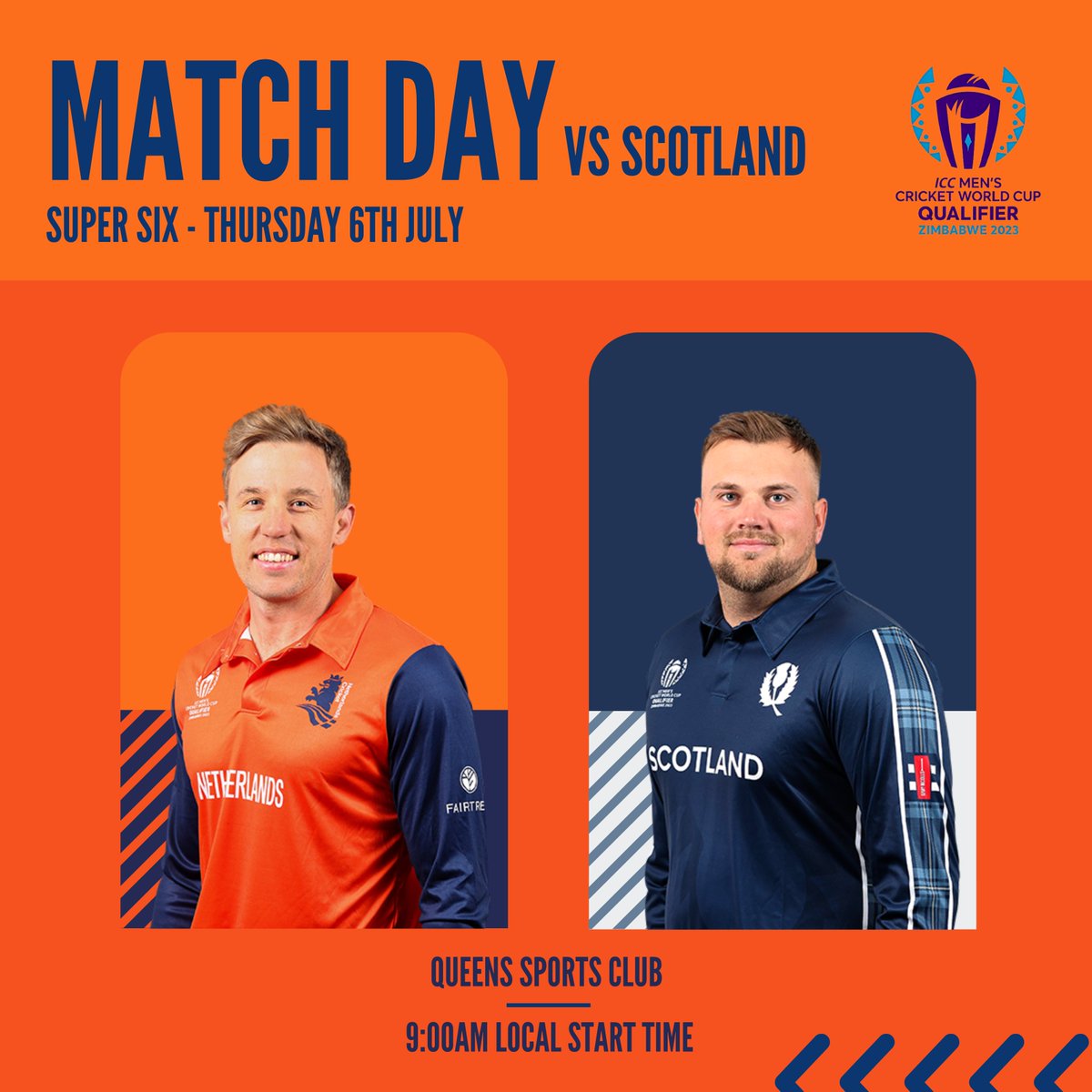 Good Morning!👋🏼 

It's all on the line for the Dutch today, with a big win required in order for them to qualify for the ODI World Cup in India later this year! 

The Toss is coming up in just over an hour, and we will provide all the updates and action right here!   

 #NEDvSCO