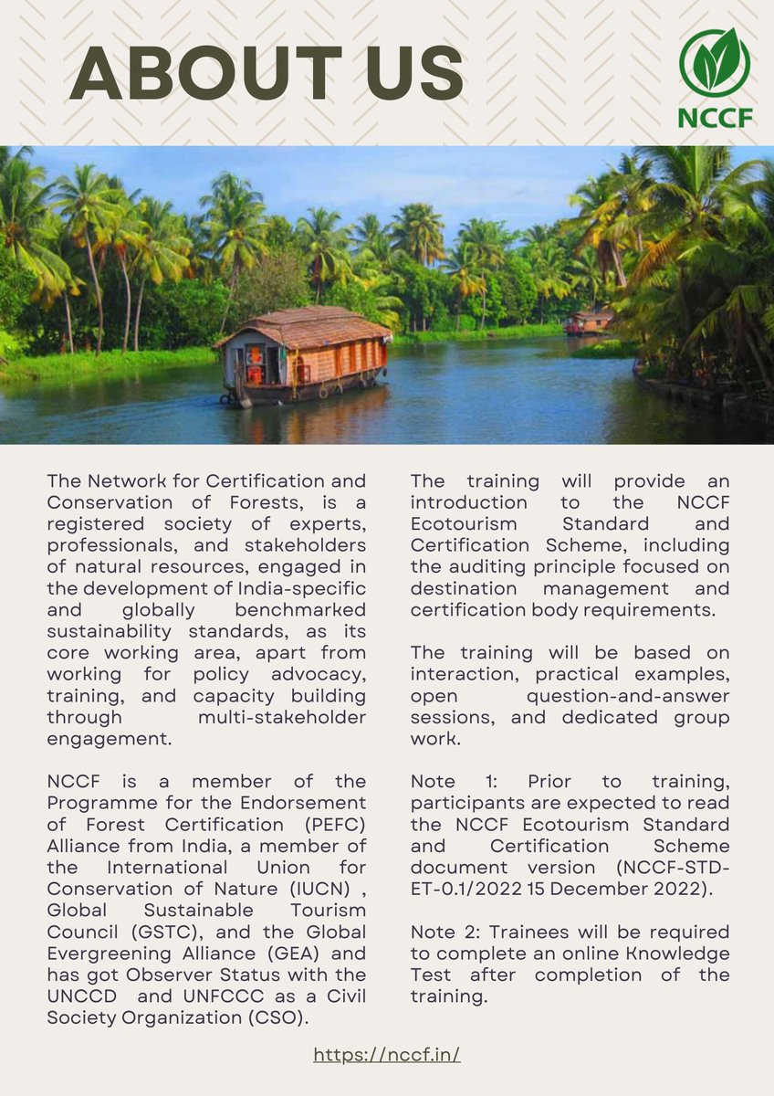 nccfindia's tweet photo. NCCF is organizing an Ecotourism Standard and Certification Training for all auditors, lead auditors, forestry professionals, and consultants on 17th July 2023. For more information visit: https://t.co/tiXuf05ofF https://t.co/4MwY60VTmz